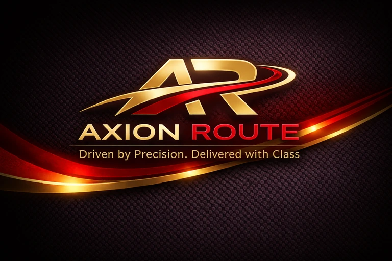 Axion Route gold AR emblem with a red and gold road, and the tagline Driven by Precision. Delivered with Class.